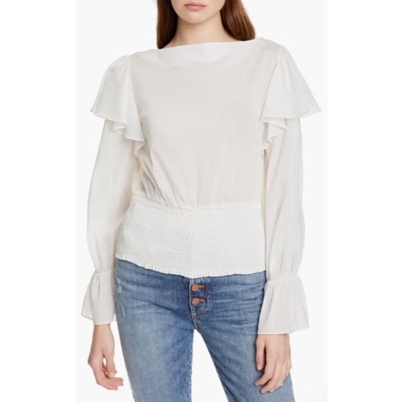 Alice + Olivia Laya Ruffle Smocked Waist Cotton Blouse - Picture 1 of 12